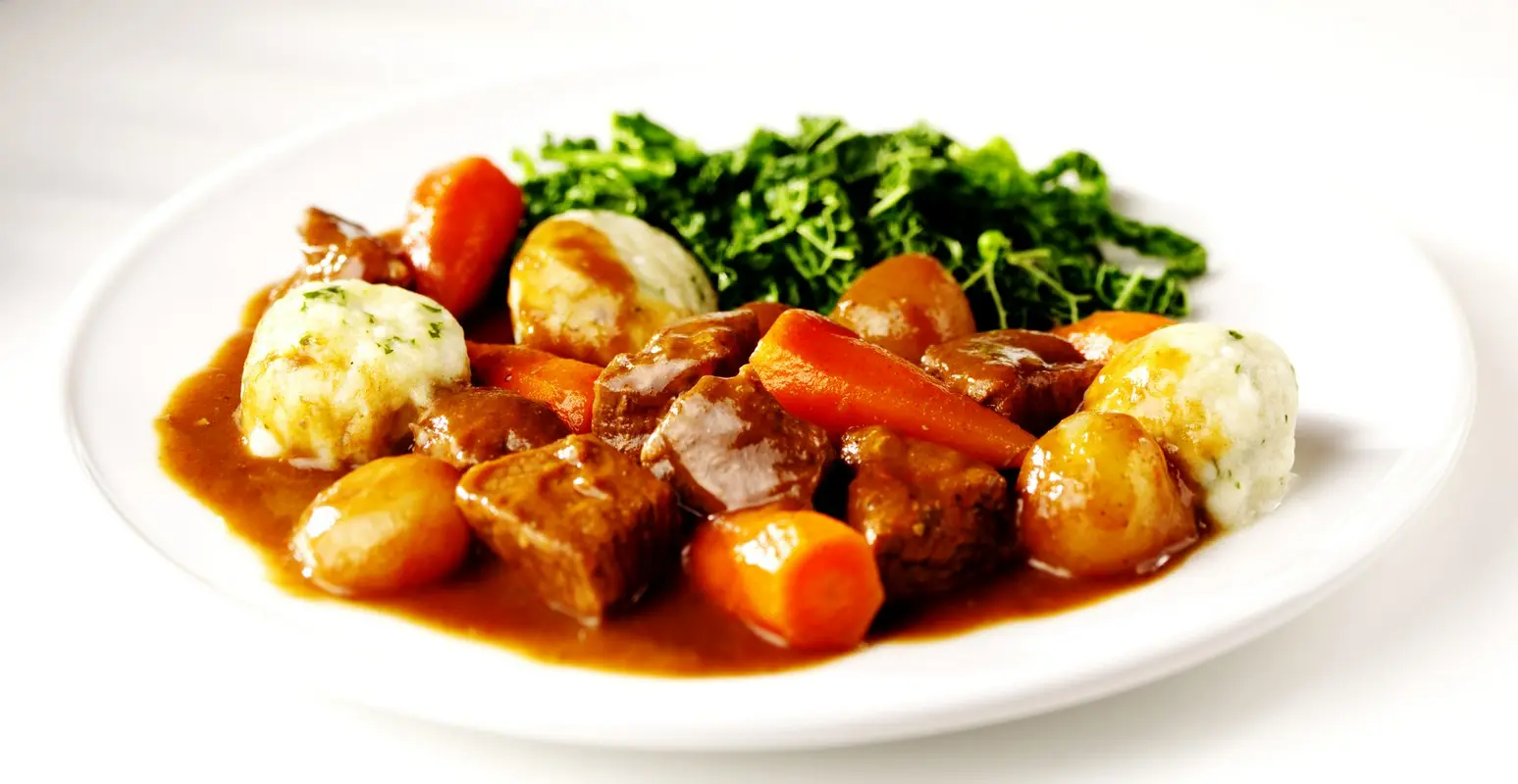duszone kawałki mięsa z marchewką ziemniakami i sałatą